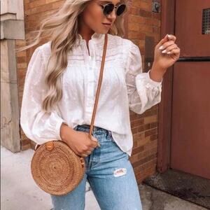 Handcrafted in Vietnam Boho Rattan Wicker and Leather 8" Crossbody Round Bag NWT